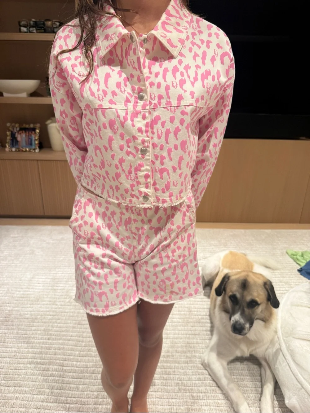 Girls Pink Leopard-Print Pajama Set with Button-Front Top